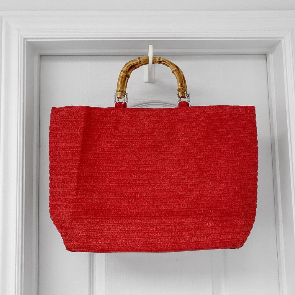 H&M Red Bamboo Handle Straw Texture Tote Bag